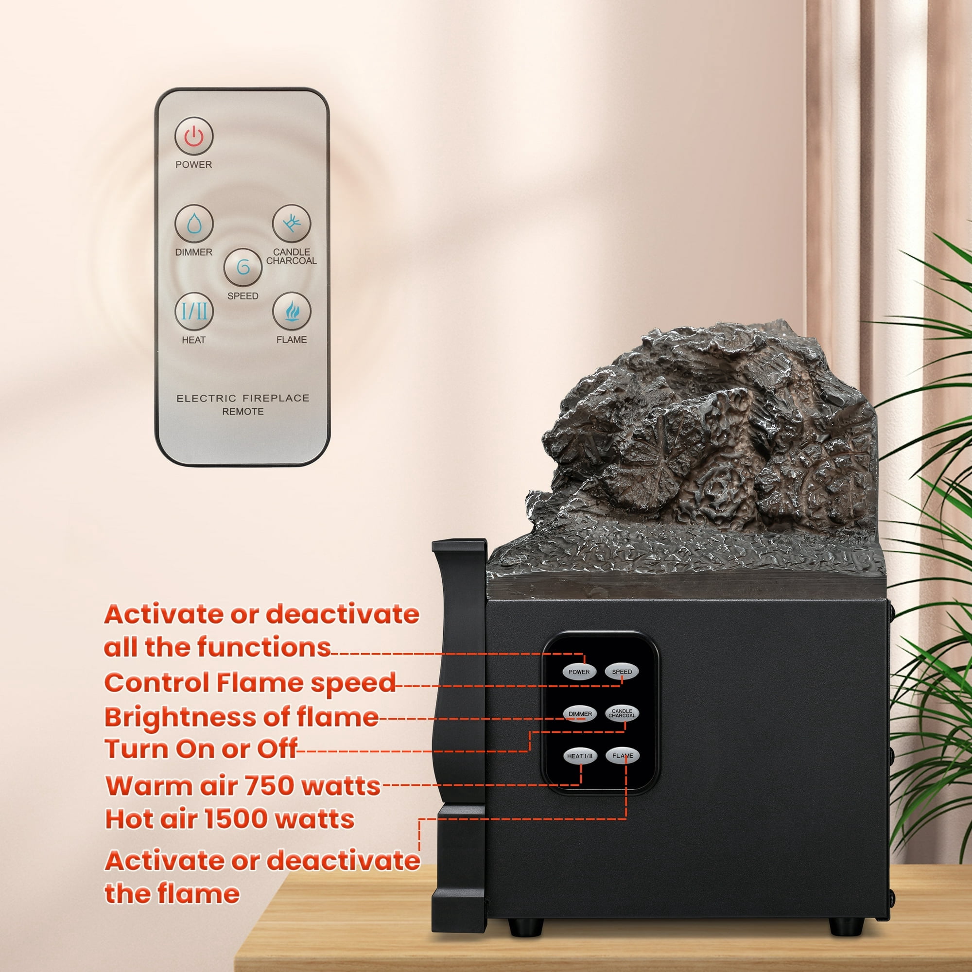 Electric Fireplace Log Set Heater 21IN, Remote Control, Flame Brightness Adjustable, Realistic Ember Bed