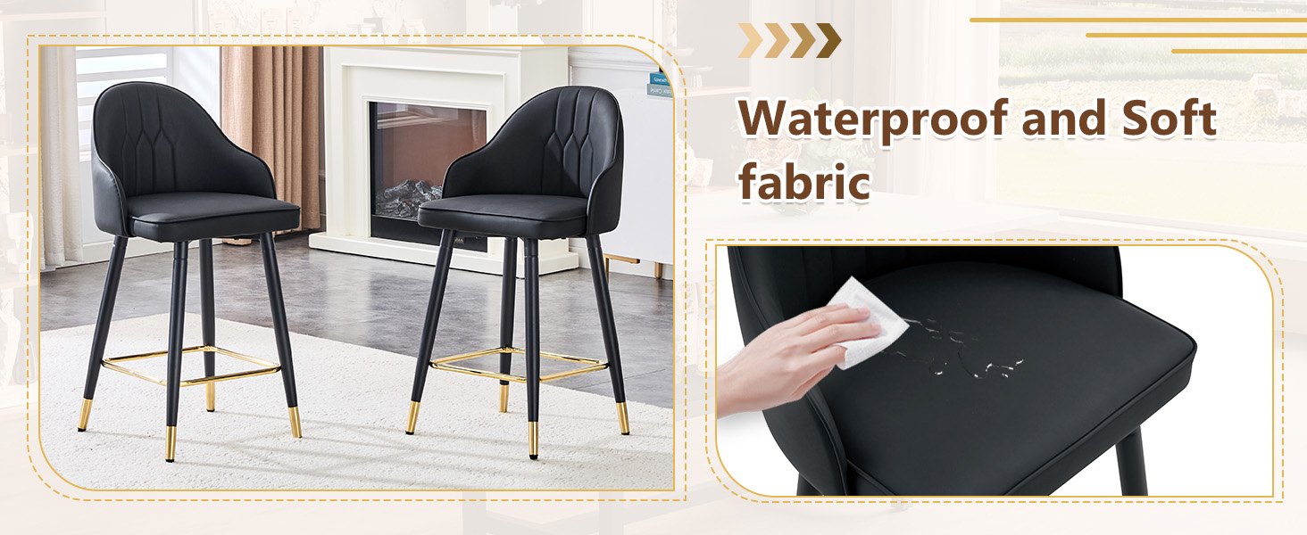 Mintazer Modern Bar Stools Set of 2, Waterproof PU Leather Bar Stool with Backrest & Gold Accent Footrest, Counter Height Bar Chairs for Kitchen Island, Black