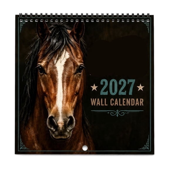 Current 2027 Wall Calendar 12 Month Horse Artwork, 8.27x8.27in, Spiral Bound Hanging Monthly Wall Calendars For Kitchen And Office
