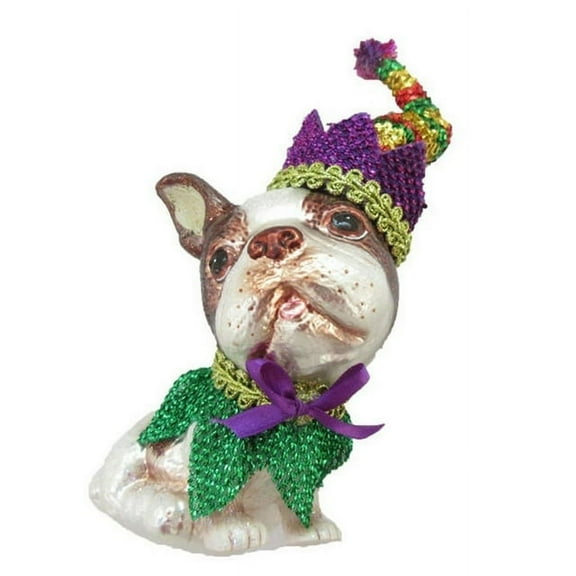 December Diamonds 79-81005 Glass Boston Terrier Mardi Gras Theme Ornament