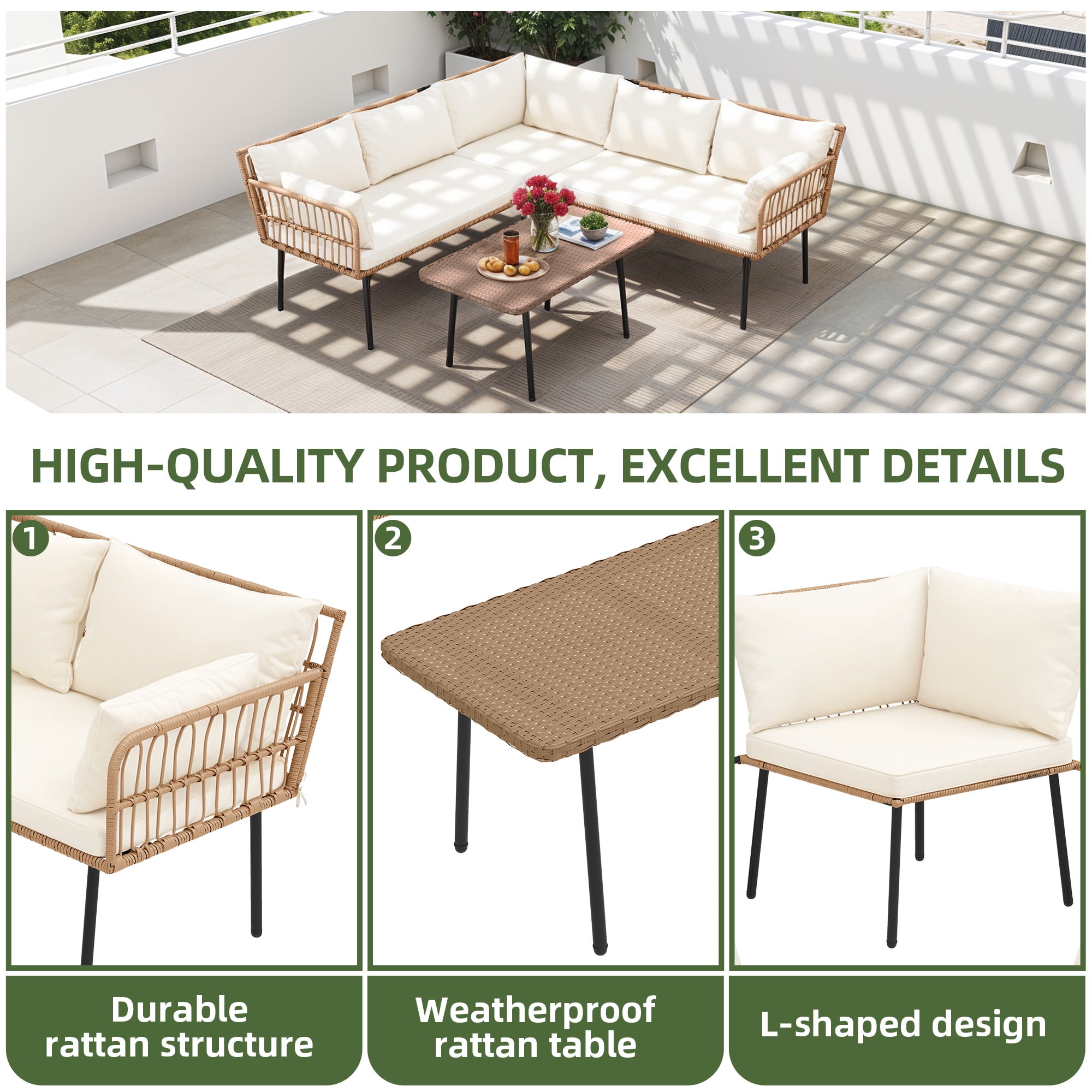 Uforic 4 Pieces Patio Conversation Set,Wicker Outdoor Furniture Set, All-Weather PE Rattan Sectional L-Shaped Sofa with Coffee Table - Beige