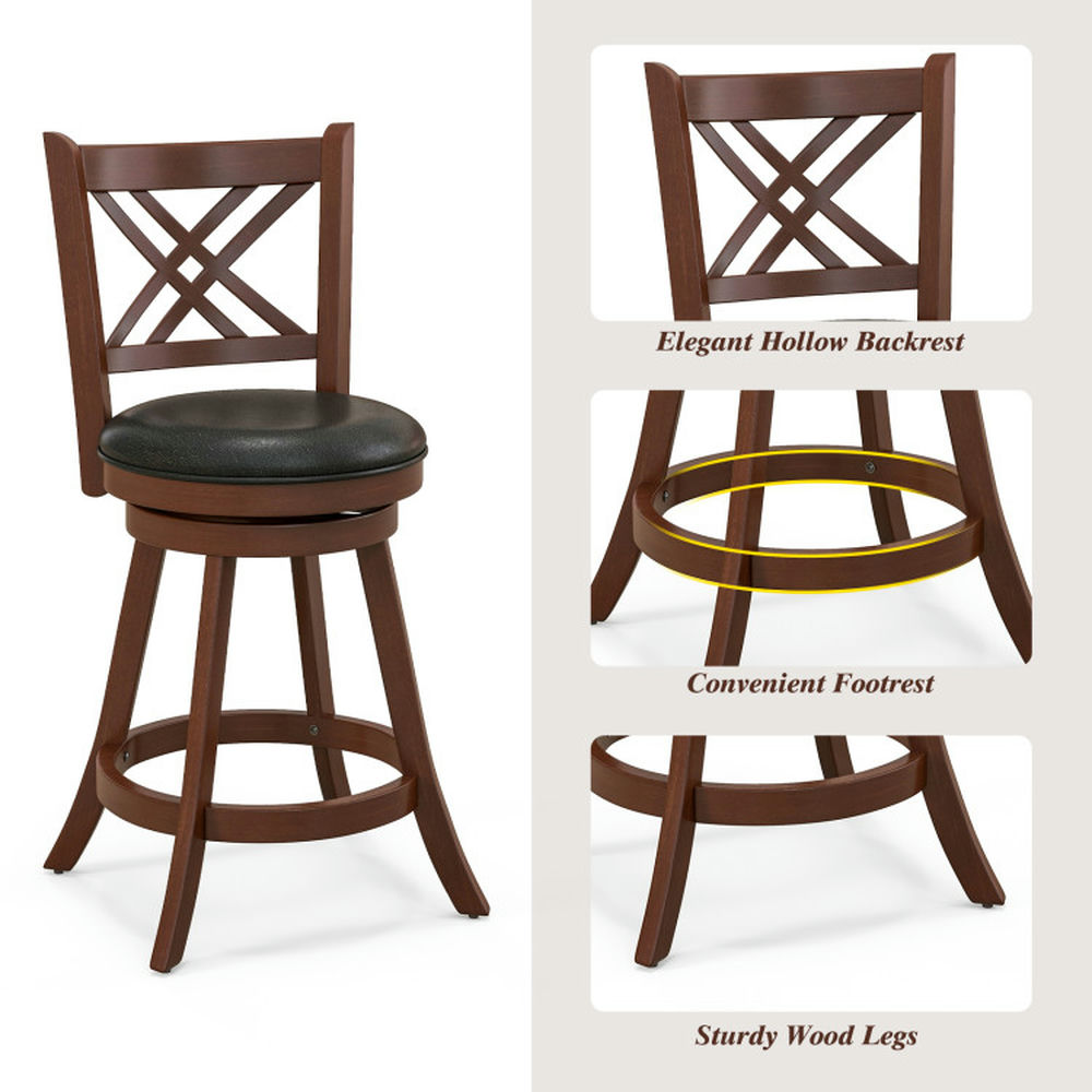 Demi Bonn 24" Set of 2 360° Swivel Upholstered Barstools with Back and Footrest, Modern Kitchen Dining Chair, Brown