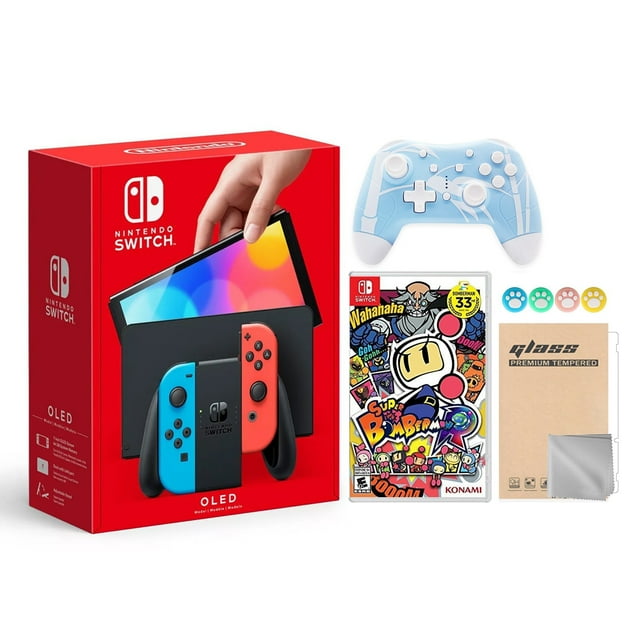 2021 New Nintendo Switch OLED Model Neon Red & Blue Joy Con 64GB Console HD Screen & LAN-Port Dock with Super Bomberman R And Mytrix Wireless Switch Pro Controller and Accessories Nintendo HEGSKABAA