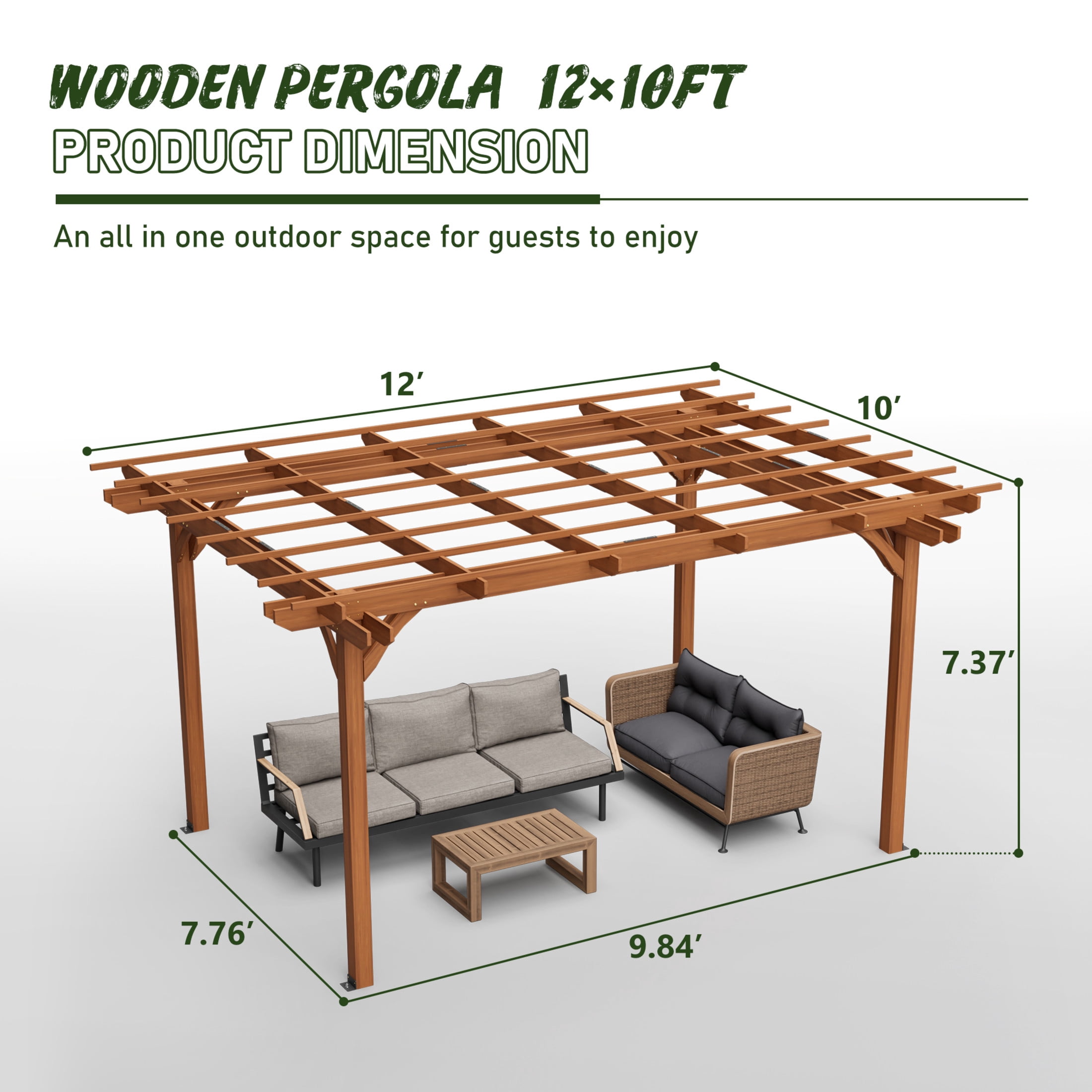 Noble House 12 x 10 FT Outdoor Patio Fir Wood Pergola, Traditional Multi-Layer Roof Trellis for Climbing Plants, Brown