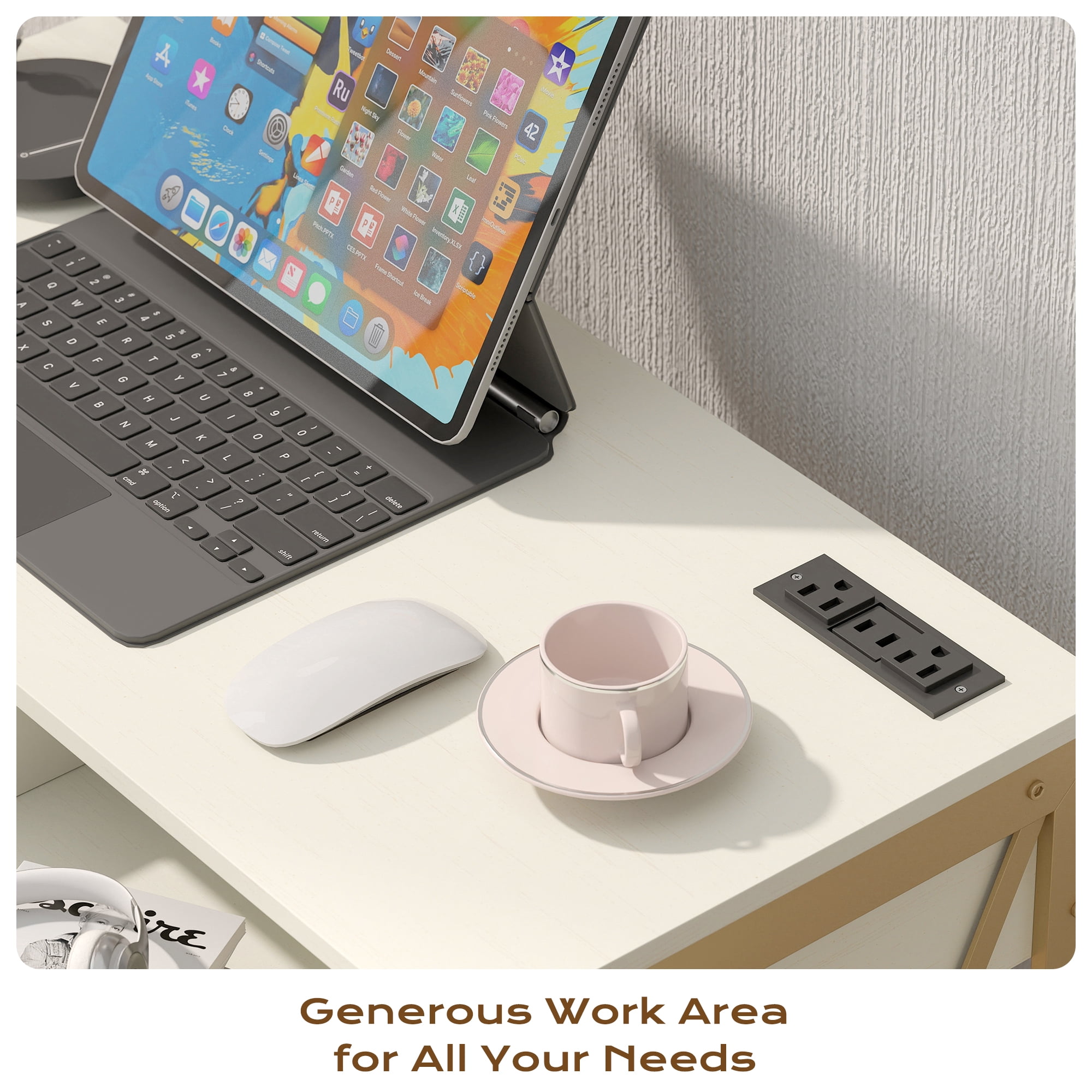 Manxile Computer Desk with 2 Storage Drawers, Home Office Writing Study Desk PC Table for Small Space/Bedroom, White+Gold