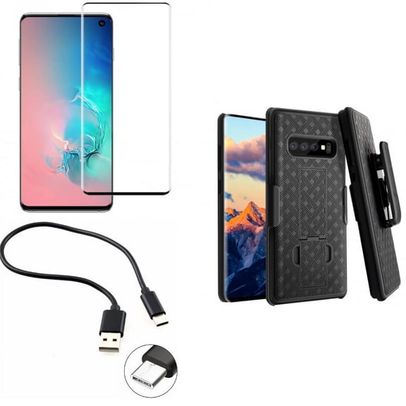 Galaxy S10 Plus (S10 ) - Screen Protector w Case Belt Clip w Short USB Cable for - Tempered Glass [Fingerprint Unlock] 3D Curved Edge, Holster Swivel Cover, 1ft Type-C for Samsung Galaxy S10 Plus