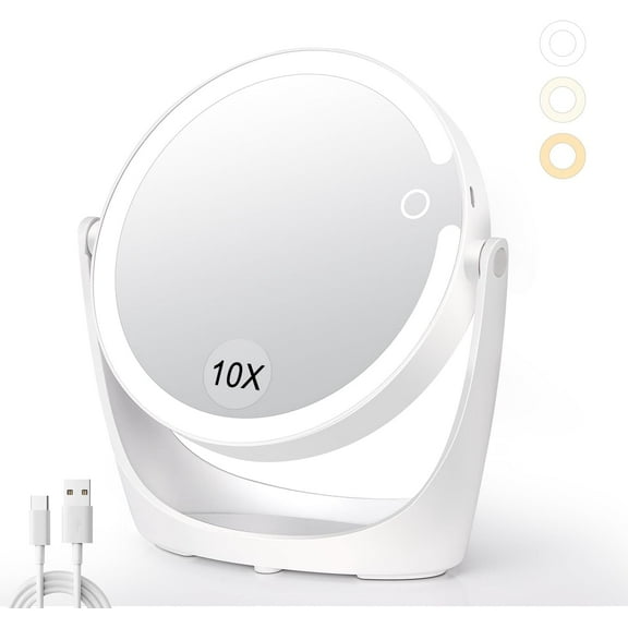 MILEDUO Lighted Makeup Mirror, 1X/10X Magnifying Mirror with Lights, Vanity Mirror with 3 Color Light Brightness Adjustable, Double Sided Switch, Rechargeable Hand Mirror Hanging Tabletop Mirror