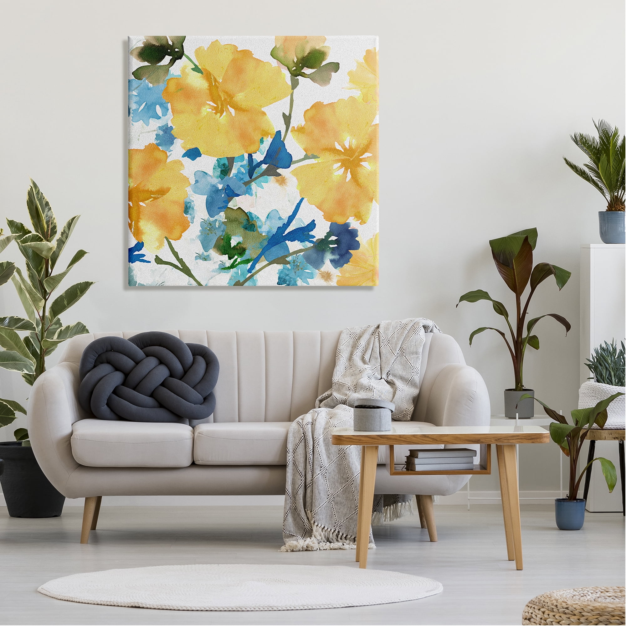 Stupell Industries Yellow & Blue Hibiscus Botanical & Floral Painting Gallery Wrapped Canvas Art Print Wall Art, 36 x 36