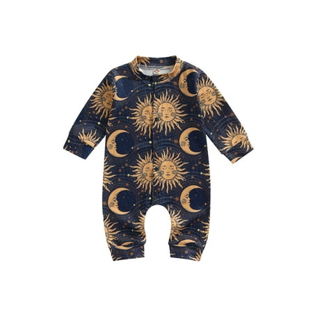 

Sedceaty Infant Boys Long Sleeve Romper Royal Blue Sun and Moon Printing Round Neck Button-down Jumpsuit