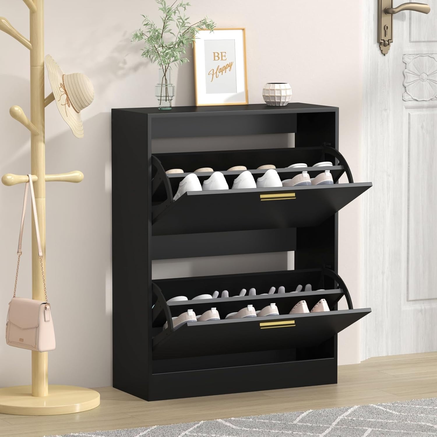Veanerwood Shoe Cabinet Wtih Flip Drawers, Freestanding Narrow