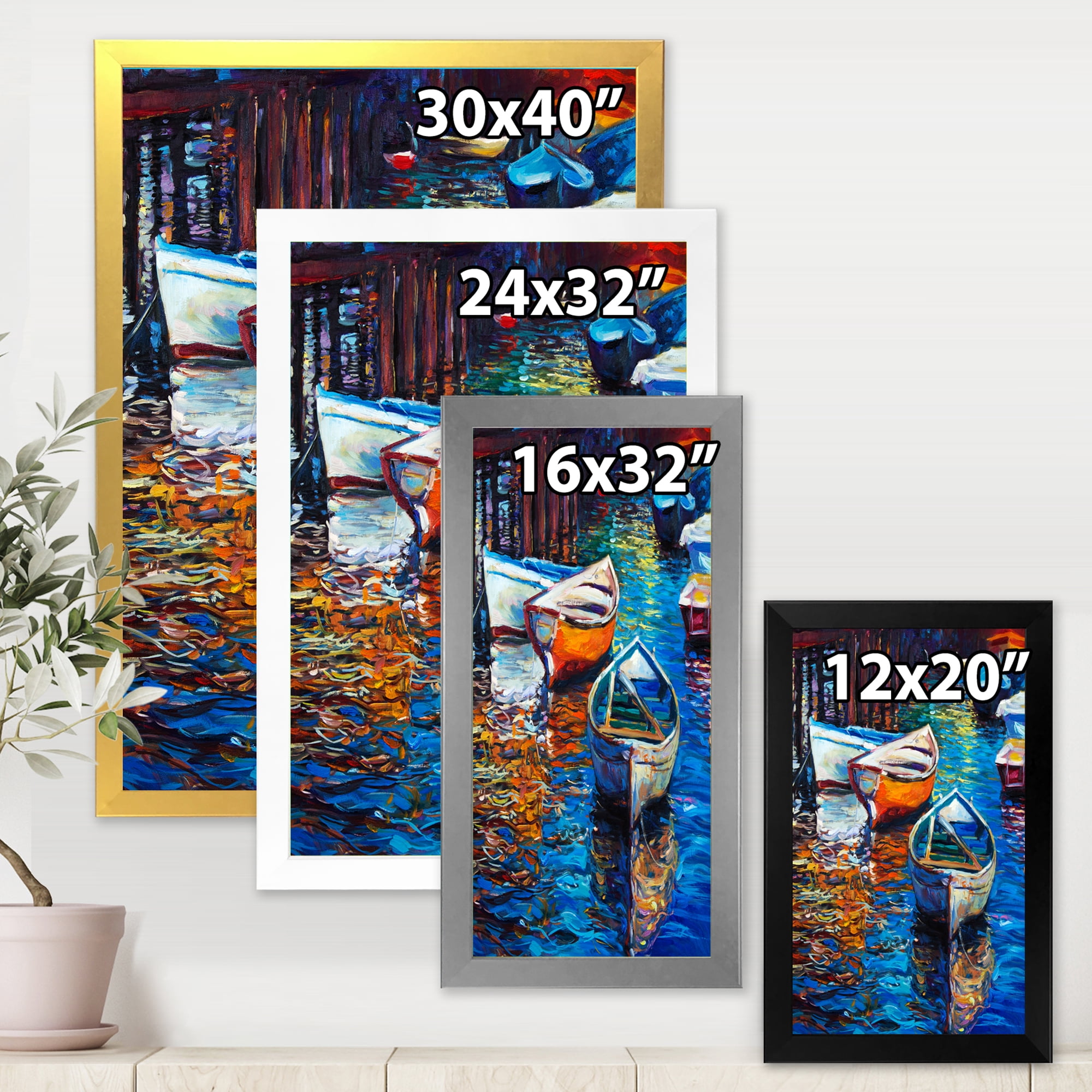 Boats During Warm Sunset Resting On The Water X 30 in x 40 in Framed Painting Canvas Art Print, by Designart
