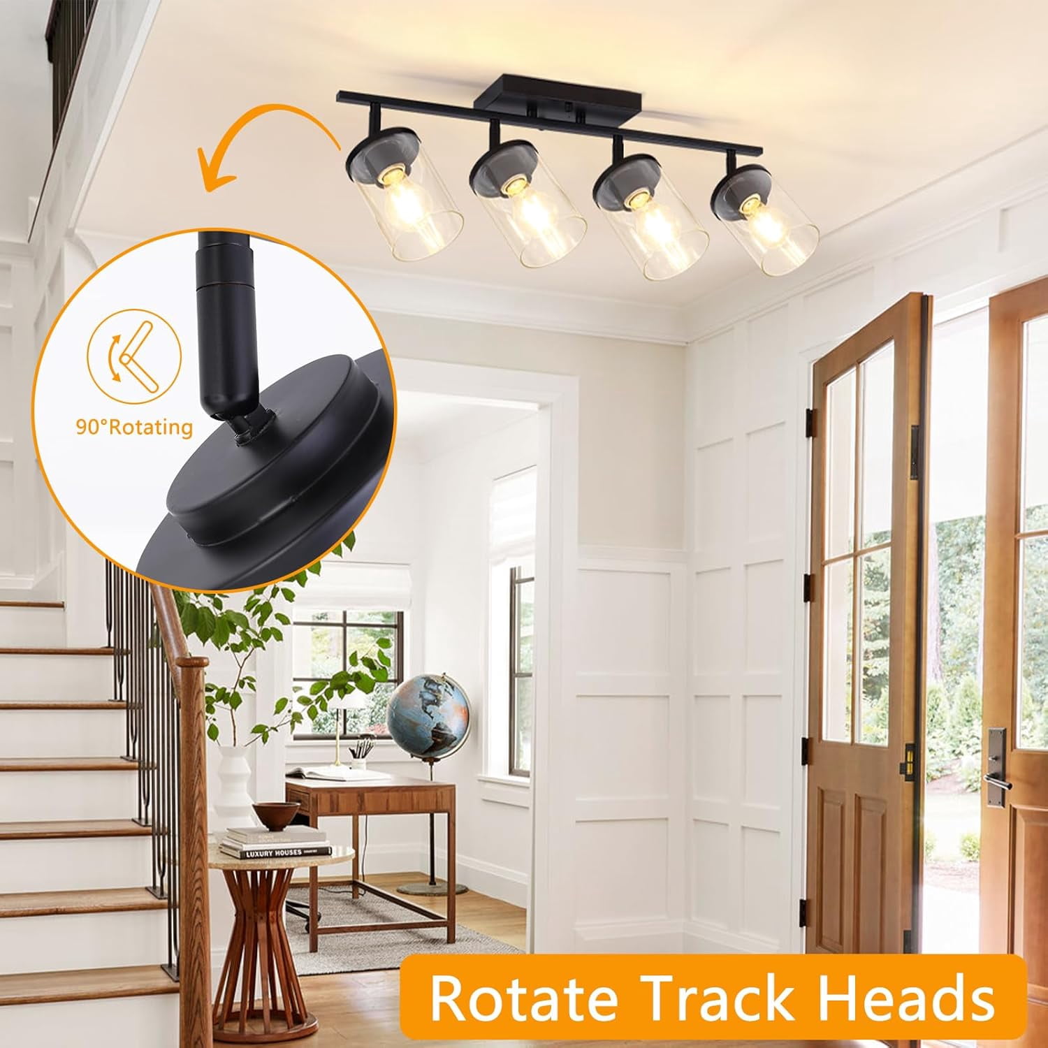 4-Lights Track Lighting Fixtures Ceiling with Clear Glass Shades, Modern Black Semi Flush Mount Ceiling Light, Rotatable Wall Mount Ceiling Lamp for Kitchen Hallway Bedroom