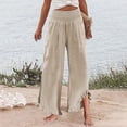 thumbnail image 3 of Linen Palazzo Pants for Women Spring Summer Smocked High Waist Wide Leg Asymmetric Ruffle Hem Flowy Beach Pants with Pockets, 3 of 6