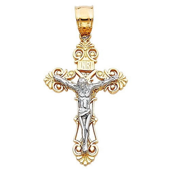 Solid 14K Two Tone Gold Crucifix Pendant - Jesus Engraved in Linear Cross Charm - Christian Pendant Jewelry - Suitable for Men & Women for All Occasions, 27 mm X 16 mm, 1.7 Grams