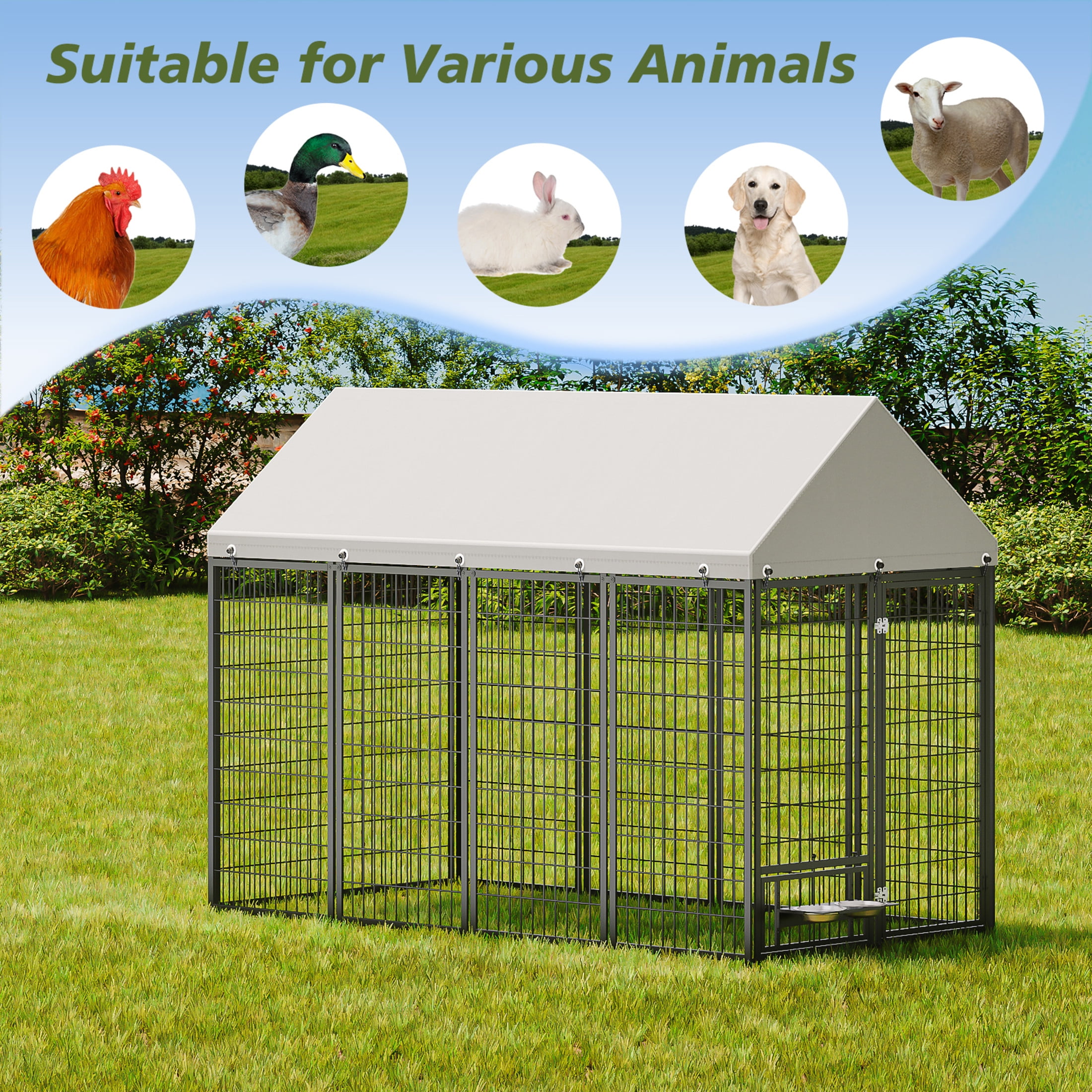 Noble House Large Outdoor Dog Kennel with Roof Cover, Metal Pet Pens 7.94'L x 4.13'W x 5.95'H, Black