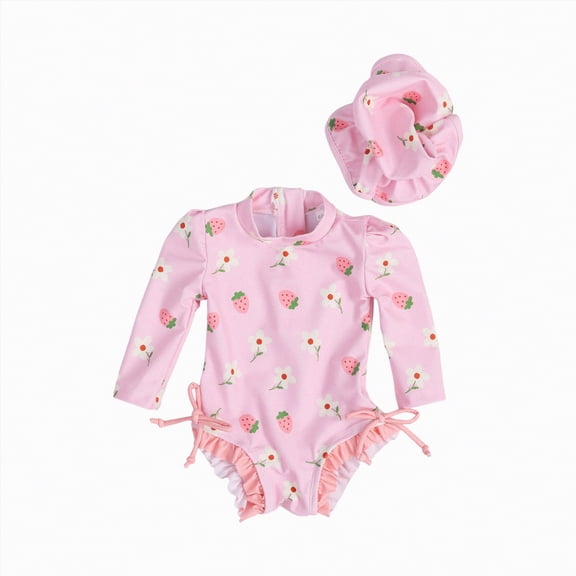 Linfrsh Baby Bathing Suit Girl Baby Girls Swimsuit Long Sleeve Zipper Bathing Suit One Piece Swimwear with Hat(Pink,0-3 Months)