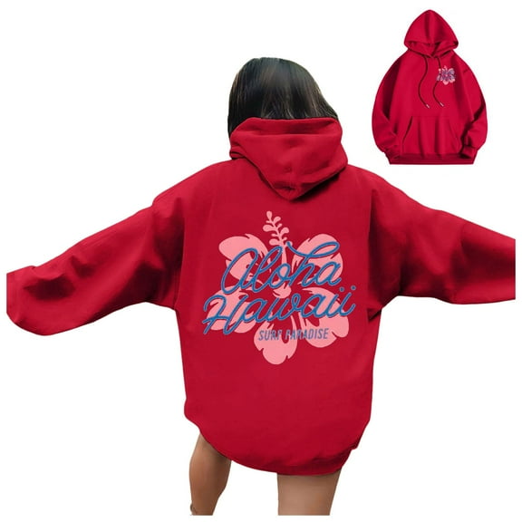 Women's Sweatshirts Winter Oversized Crewneck Long-sleeved Bubble Cuff Drop Shoulder Drawstring Graphiprint Pullover Cotton Hoodie Sweatshirt(Red,XXL)