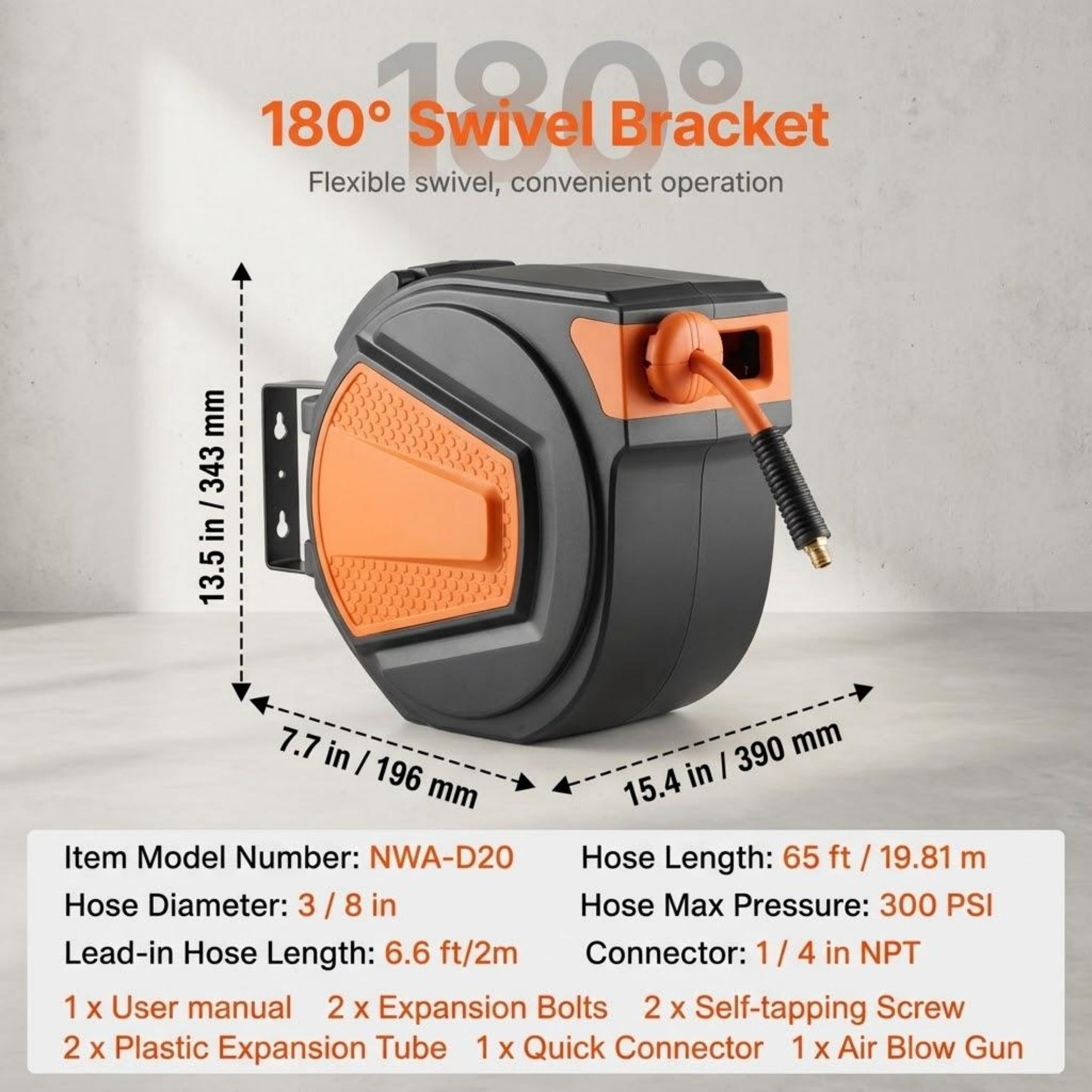 3/8" x 65 ft Retractable Air Hose Reel, Hybrid Hose Max 300 PSI, Auto-Rewind with 6.6 ft Lead, Ceiling/Wall Mount, 180° Swivel Bracket