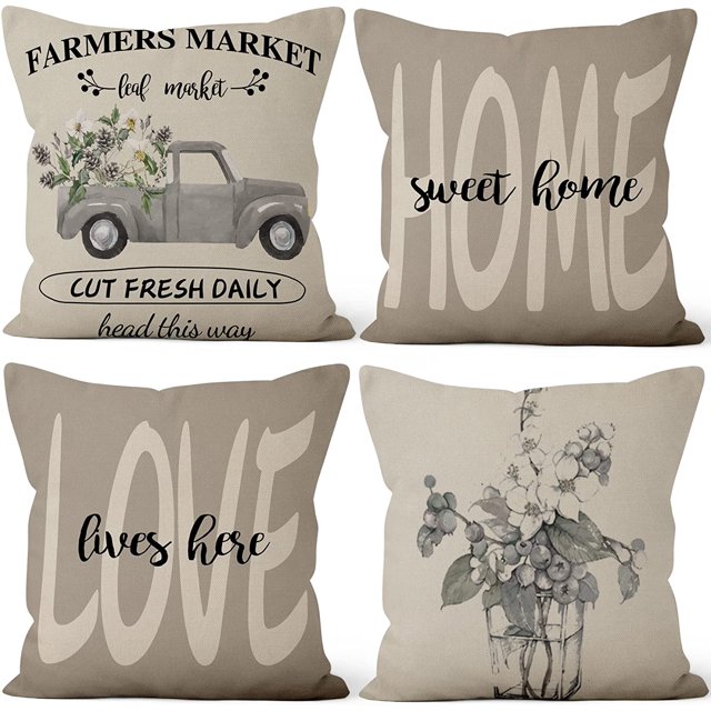 LAICAIW Spring Pillow Covers 20x20 Inch, Sweet Home Decorative Truck Floral Farmhouse Throw Pillow Covers Square Cotton Linen Couch Pillow Cases for Home Decor, Set of 4 (No Insert Included)