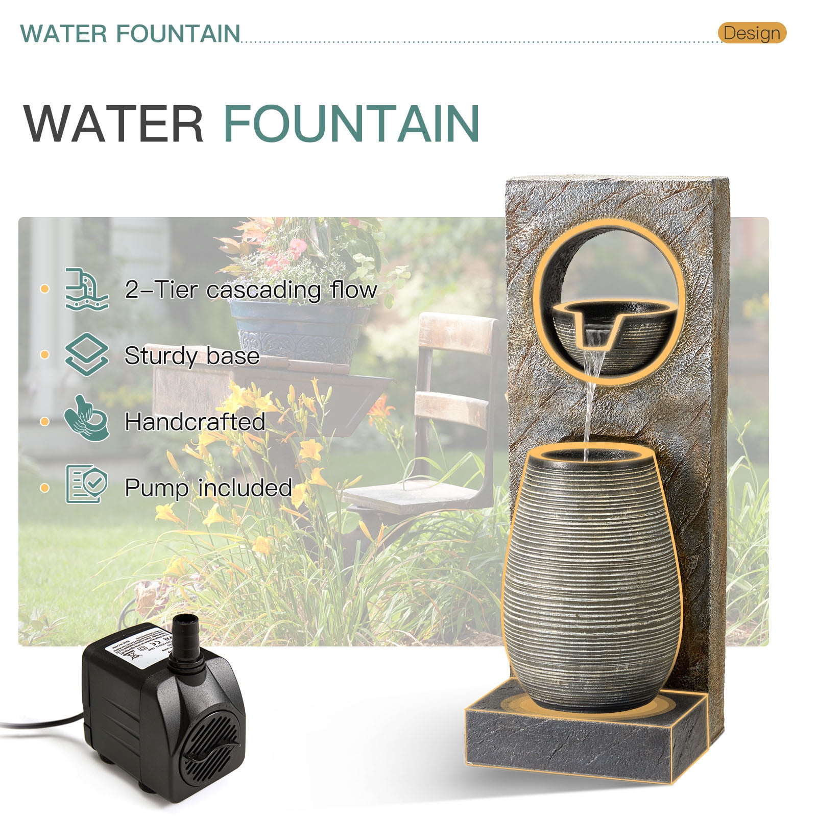 Erinnyees 39.7" Modern Outdoor Fountain with LED Lights - Freestanding Garden & Yard Decor