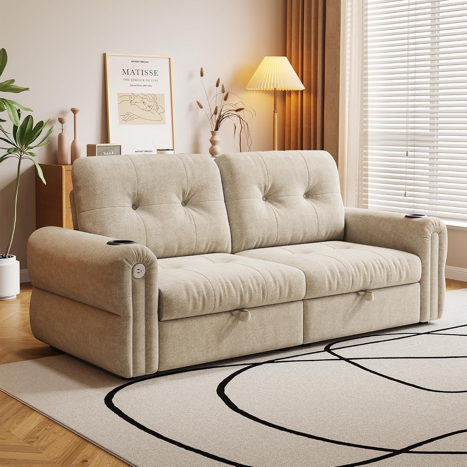 77" Queen Size 3-in-1 Convertible Sleeper Sofa Bed, Chenille Couch with Adjustable Backrest, Cup Holders & USB Ports