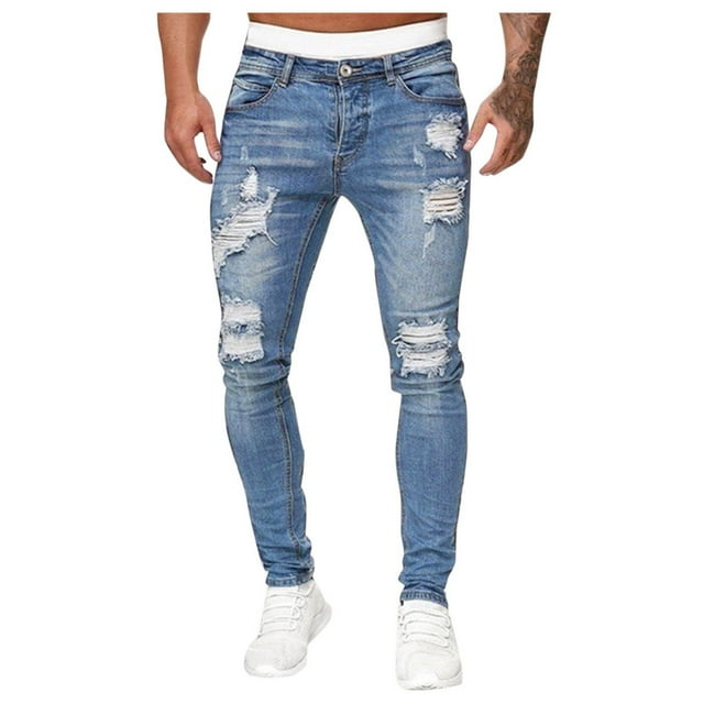 Mens Pants Adult Male Mens Jean Rompers and Jumpsuits Pants Gradient Solid Holes Jeans Ripped Washed Frayed Men Color Trousers Clothes(Light Blue,S)