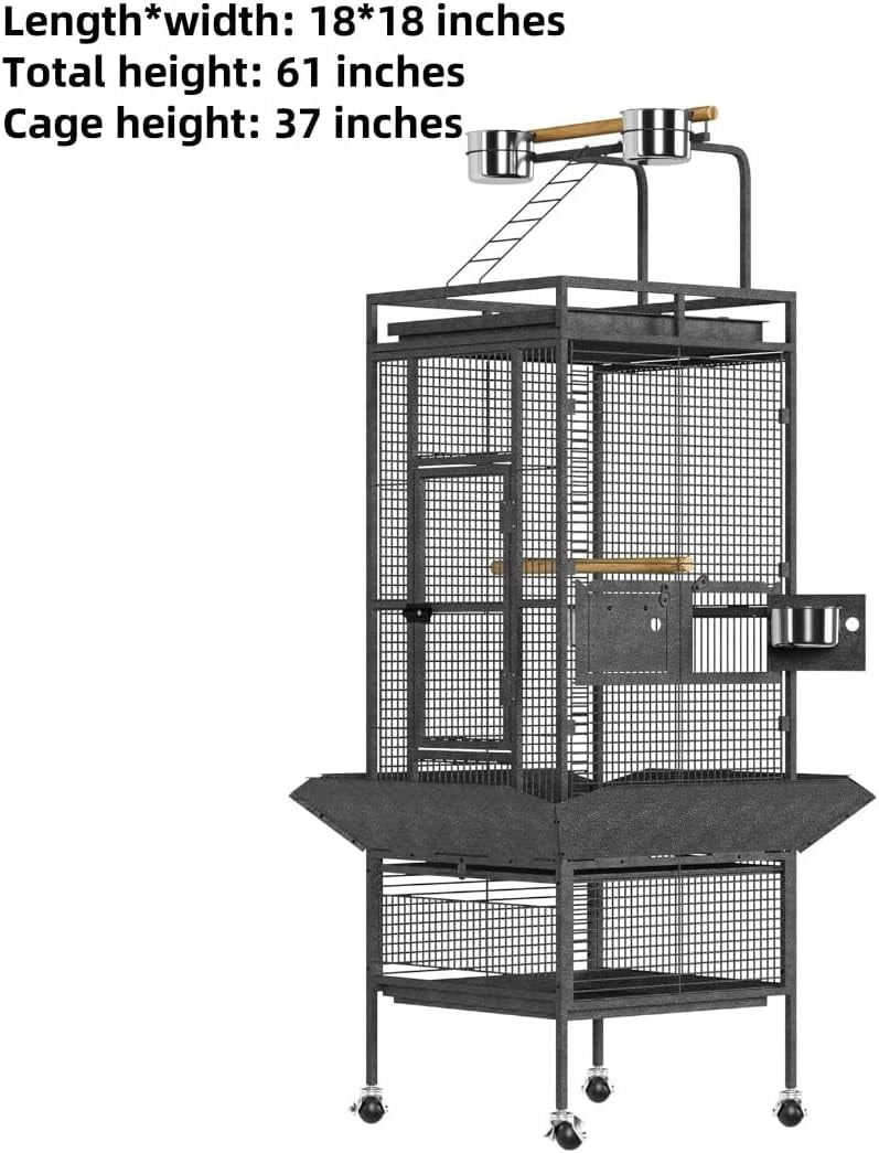 61" Heavy Duty Bird Cage, Flight Cage W/Play Top, Rolling Stand & Bowls for Parrots