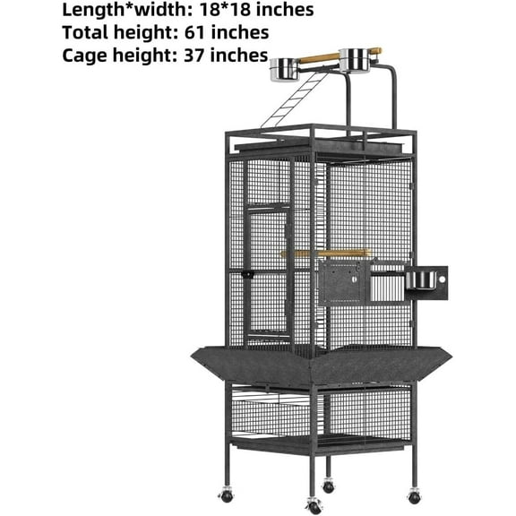 61" Heavy Duty Metal Bird Cage for Parrots with Play Top, Rolling Stand & Feeding Bowls