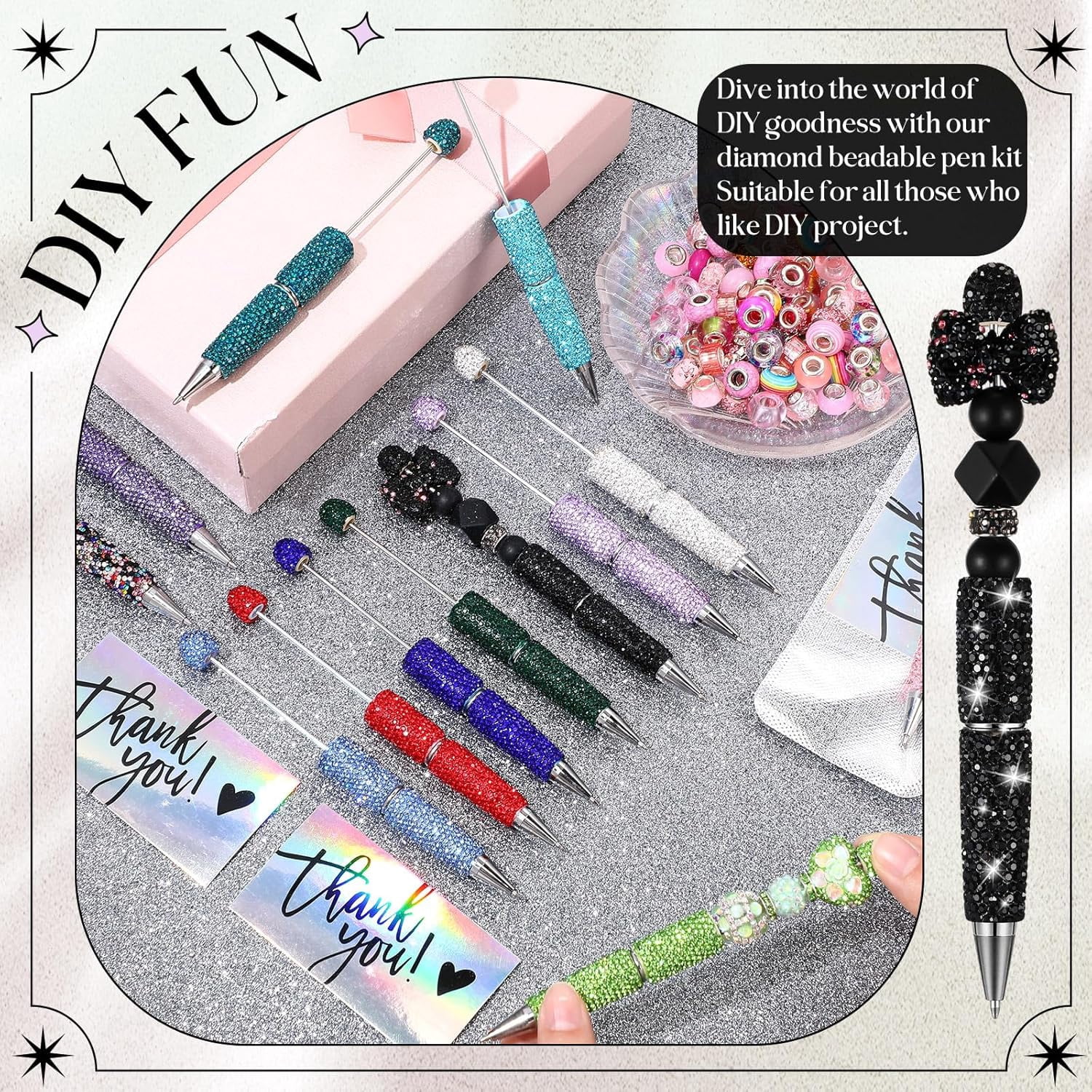 15Pcs Full Rhinestone Glitter Beadable Pens, DIY Diamond Pen Kit for Journaling & Craft Making