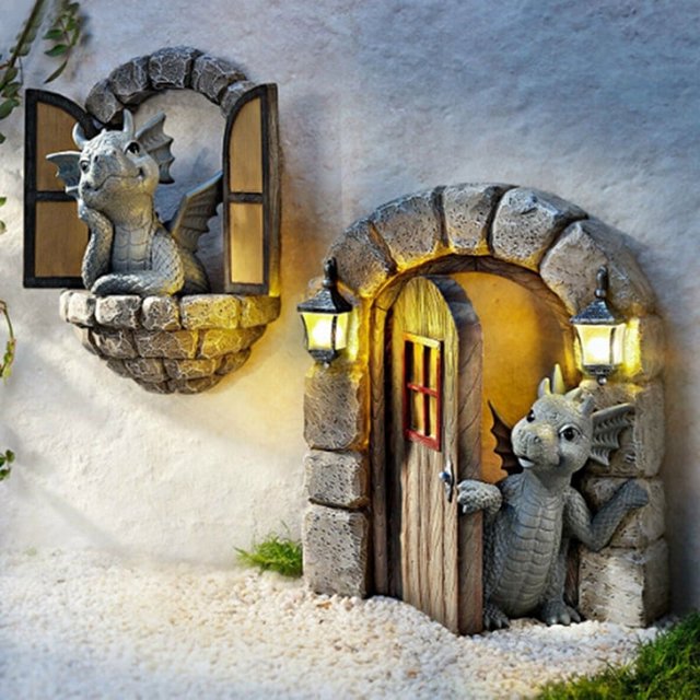 Adornos de resina de dinosaurio Qtmnekly para puerta, árbol, patio, manualidades, jardín, decoración de patio al aire libre, escultura de dinosaurio, dragón - B