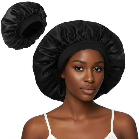 Silk Bonnet for Men Women Hair Bonnet for Sleeping,Elastic Wide Band Hair Wrap Cap for Curly Hair,Shower Cap for Sleeping,Black
