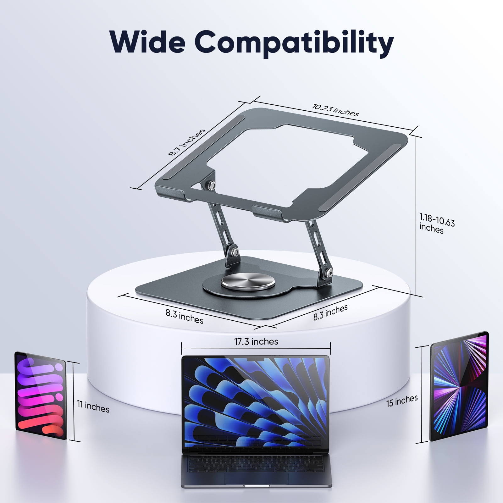 delpattern Laptop Stand with 360° Rotating Base, Laptop Stand for Desk, Carbon Steel Adjustable Stand for Laptop & Tablet, 8-17.3 inches Foldable Computer Holder
