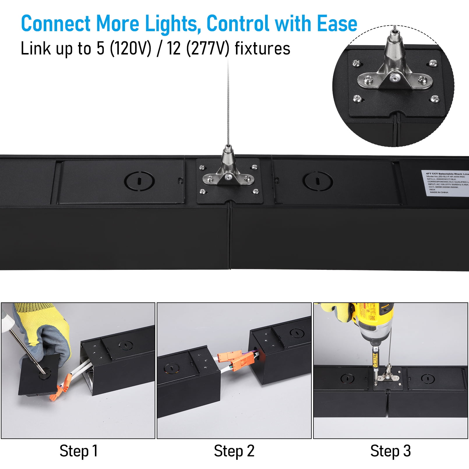 2 Pack 8FT 80W 3CCT Dimmable Commercial Linkable Linear Light, 3000K/4000K/5000K Selectable, Suspended Strip Light, Black