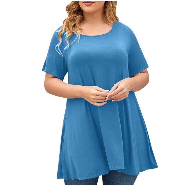 SwiftWear Women's Plus Size Flowy Tunic Top Spring & Summer Short Sleeve Loose Fit Crew Neck Shirt for Going Out