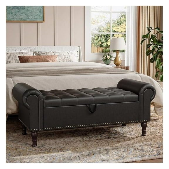 Storage Ottoman for Bedroom, 51" Upholstered Bed Bench with Rolled Arms, Large Storage Chest for Living Room, Entryway - Black