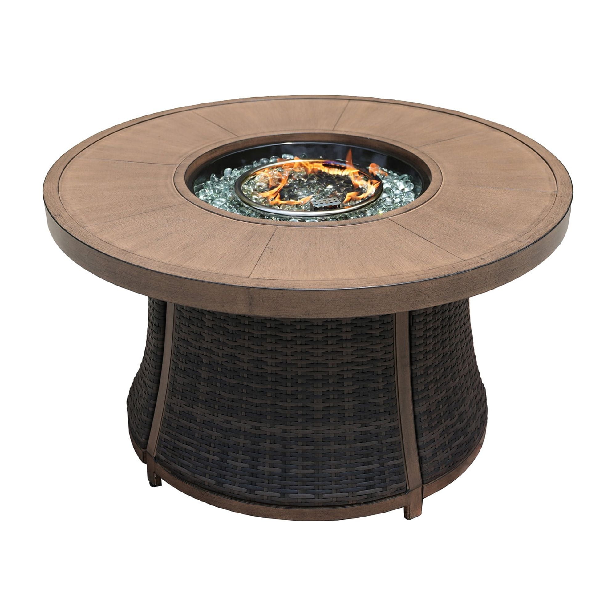 42" Outdoor Wicker Round Propane Gas Fire Pit Table, Brown Dining Table