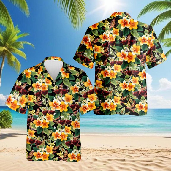 Red Wine Hawaiian Shirt for Men, Tropical Style, Button Down Summer Beach Short Sleeve, Sizes S-5XL