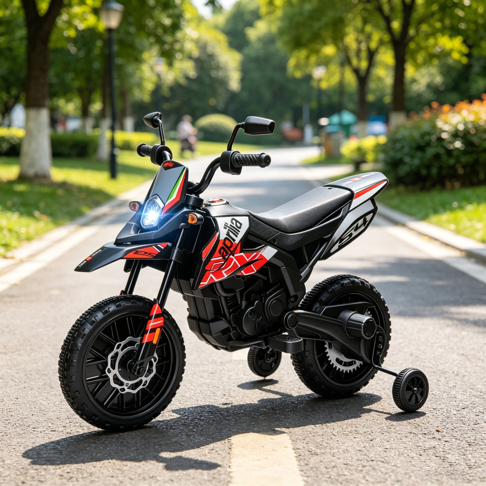 Red Kids Motorcycle Toy with Training Wheels Spring Suspension LED Light USB Music Feature for Children