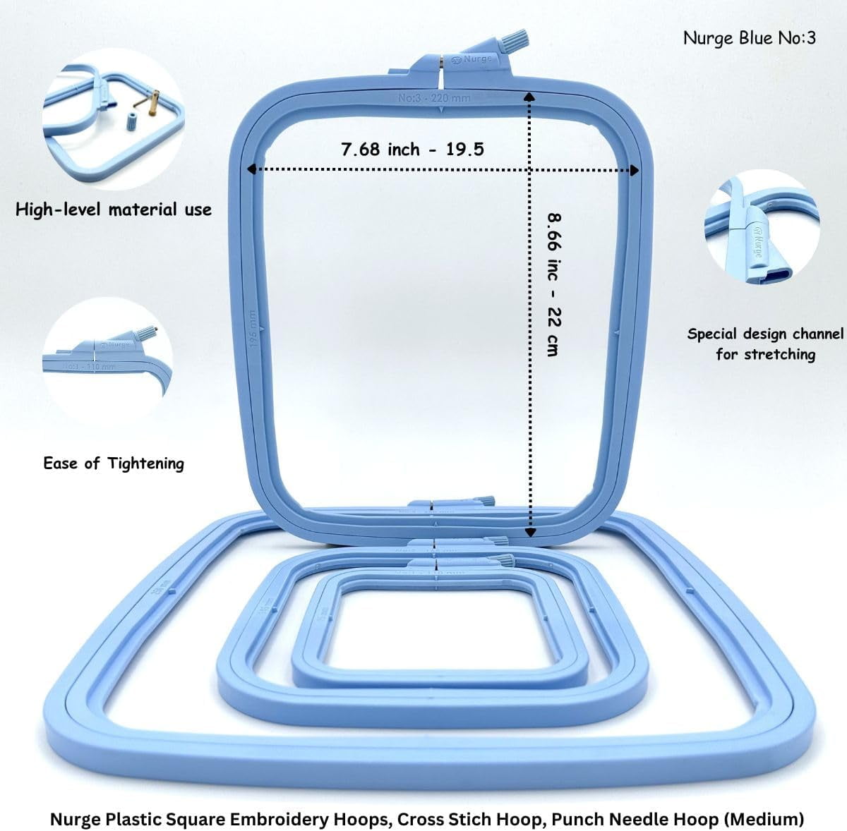 Nurge Blue Square Embroidery Hoops, 4 Pcs Set – ABS Plastic Frames for Cross Stitch, Sewing & Needlework, DIY Crafts (Multi-Size)