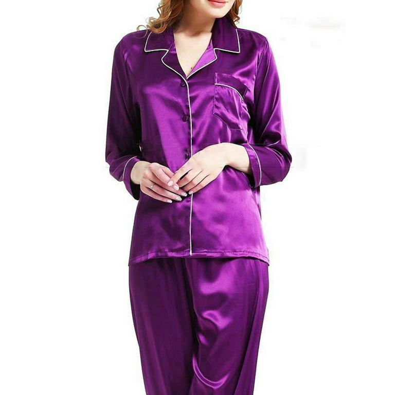wybzd Women Silk Satin Pajamas Set Long Sleeve Button-Down Tops+Pants  Sleepwear Nightwear Homewear Purple XL