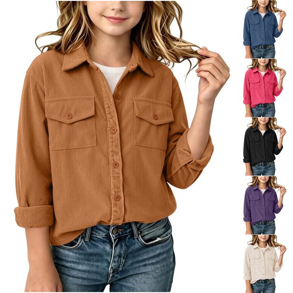 Girls Long Sleeve Corduroy Shirts Collared Button Up Jacket with Pockets Solid Fashion Casual Cardigan