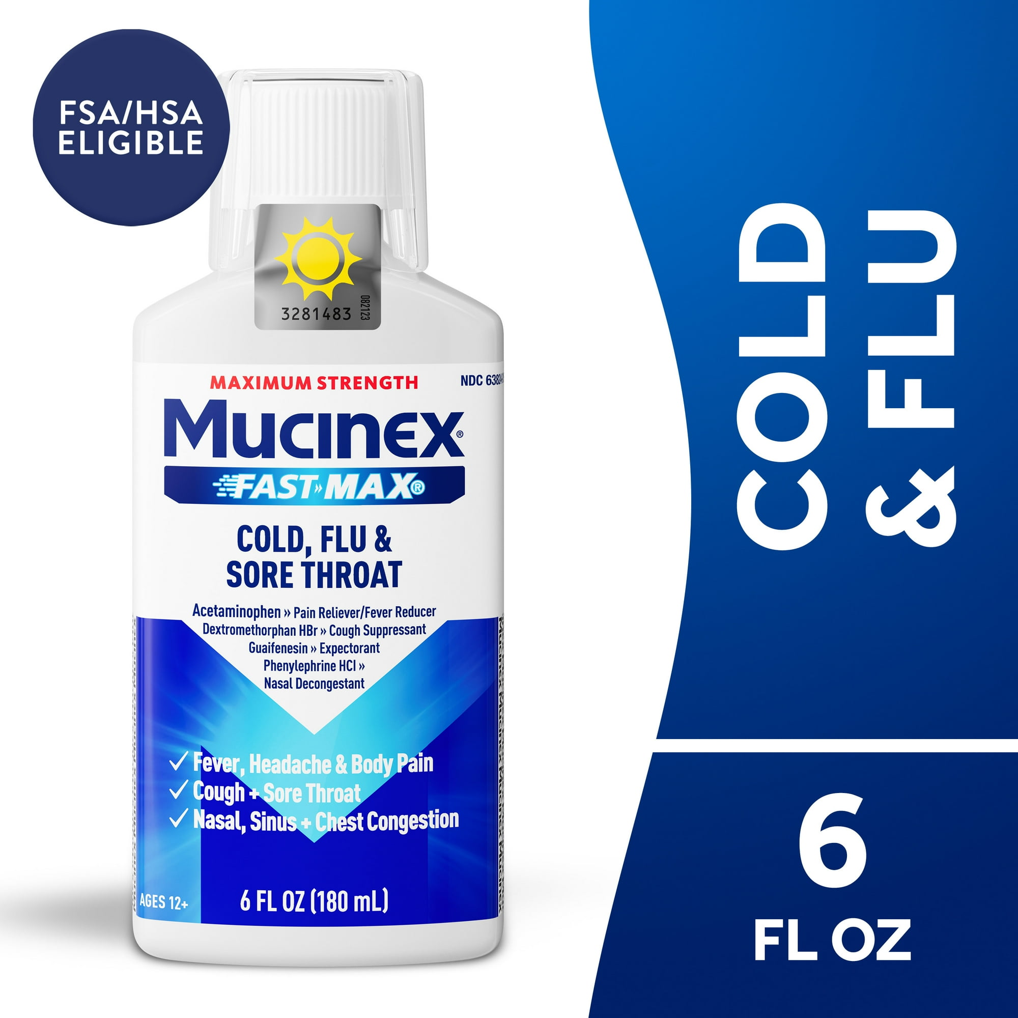 Mucinex Fast-Max Cold, Flu, & Sore Throat Relief Medicine, OTC Cough Suppressant, Expectorant, 6 fl oz
