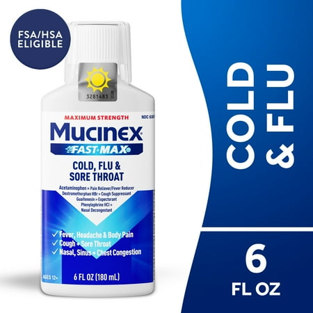 Mucinex Fast-Max Cold, Flu, & Sore Throat Relief Medicine, OTC Cough Suppressant, Expectorant, 6 fl oz