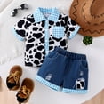 thumbnail image 2 of Jamsmile Toddler Girls Outfits Sets Plaid Cow Short Sleeve Tops + Patchwork Denim Shorts Summer Girls Suits, 2 of 9