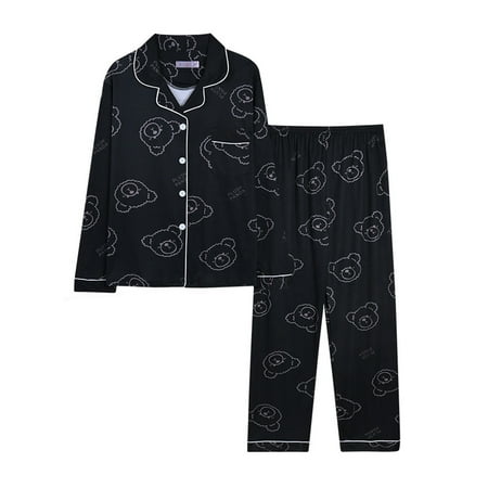 

Frontwalk Ladies Pajamas Sets Button Down Nightwear Long Sleeve Sleepwear Pjs Casual Lounge Set Lapel Dark Bears 2XL