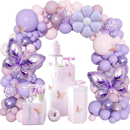 Purple Butterfly Birthday Balloon Garland Kit – All-in-One Party Decoration Set with 140 Balloons, Butterfly Stickers & Accessories for Girls’ Birthday, Baby Showers & Celebrations