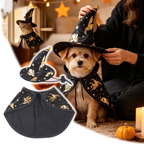 Gold Print Wizard Hat & Cape Pet Set, Comfortable Seasonal Outfit for Small Medium Large Dogs & Cats for Party Photo Dress-Up