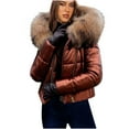 thumbnail image 3 of YOIAVAIOY Women Winter Warm Down Jacket Thick Slim Flash Coat Outdoor Faux Fur Hood Parka Short Slim Puffer Jacket Brown S, 3 of 9