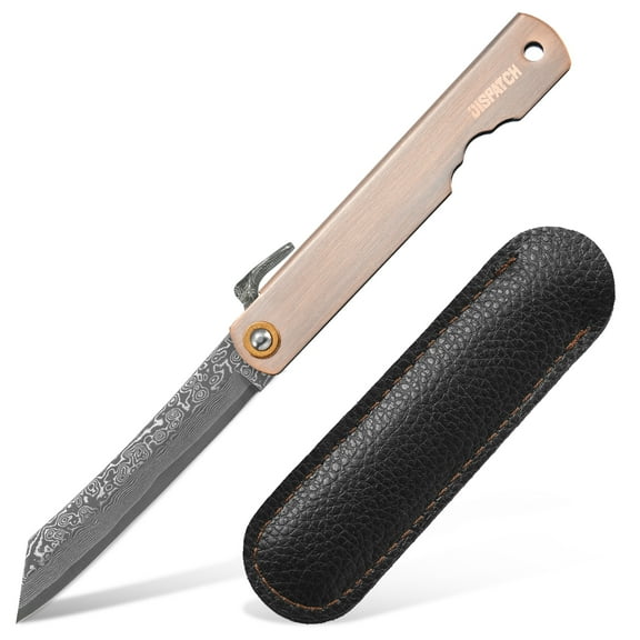 Dispatch 3.6-inch Blade Damascus Steel Folding Knife, Pocket Knife Red Bronze Plated Handle and Black PU Sheath