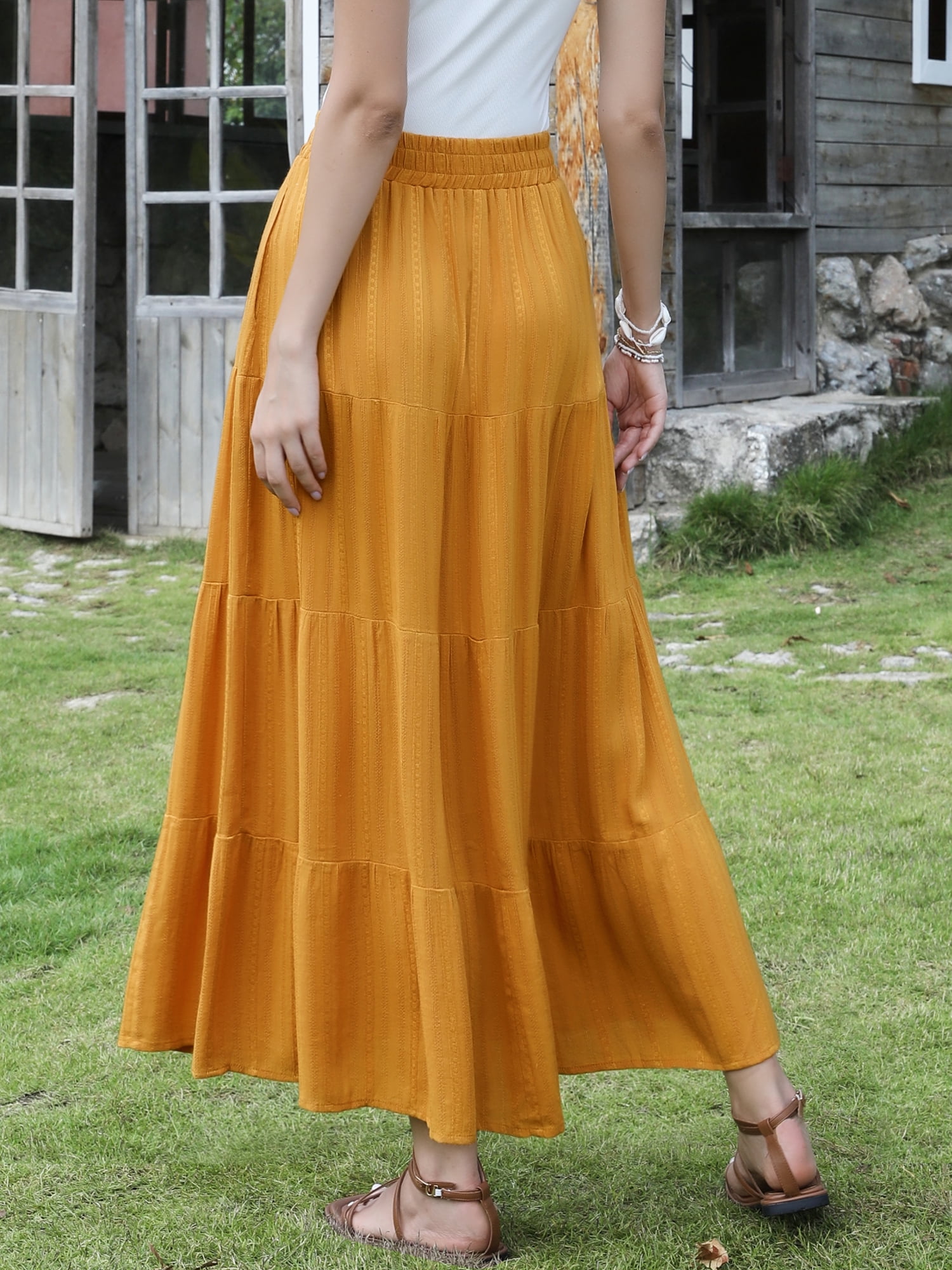 DARING DIVA Women's Summer Maxi Skirts Flowy Ruffle A-Line Skirt Medium Yellow